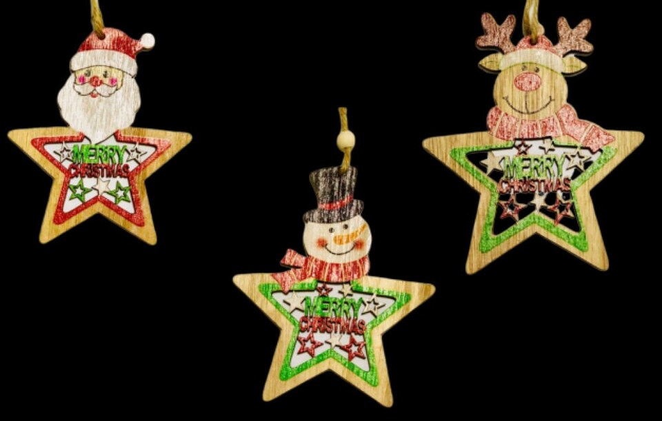 image 1 of Christmas Tree Ornaments Wooden Aesthetic Hanging Decorations Painted Stars 3Pcs
