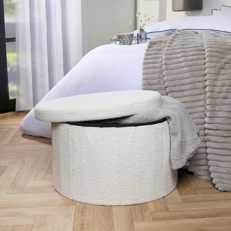 image 1 of OHS Boucle Extra Large Foldable Rounded Storage Box Footstool Space Saving Seat Ottoman White