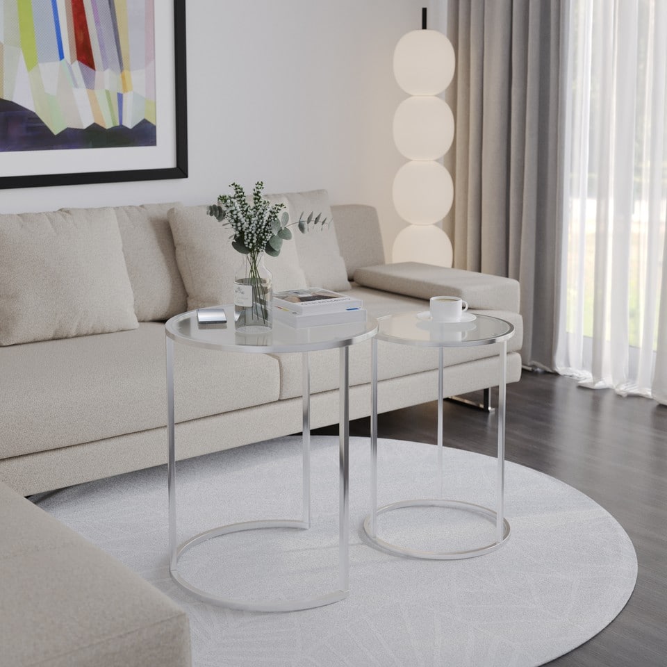 image 1 of 2 Piece Round Nesting Side Tables Set Tempered Glass Top Metal Leg Coffee Tables | Multi | Chrome Legs Transparent Glass