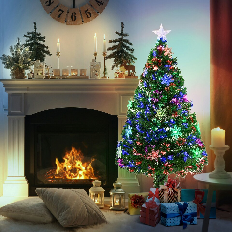 image 1 of HOMCOM 4FT Green Fiber Optic Full Lights Christmas Tree Multi LED Stars