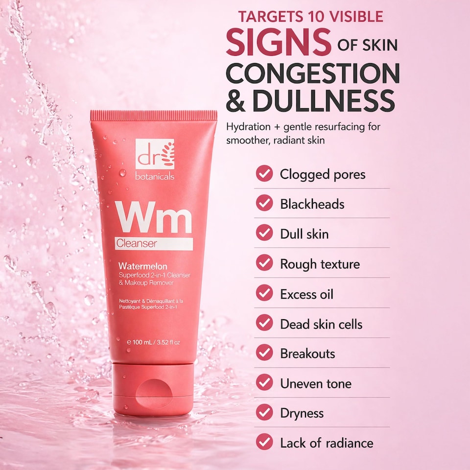 image 1 of Dr. Botanicals Watermelon Anti-Ageing 2-in-1 Cleanser with Glycolic Acid, Salicylic Acid 100ml for Acne, Blemishes, Large Pores, Dullness