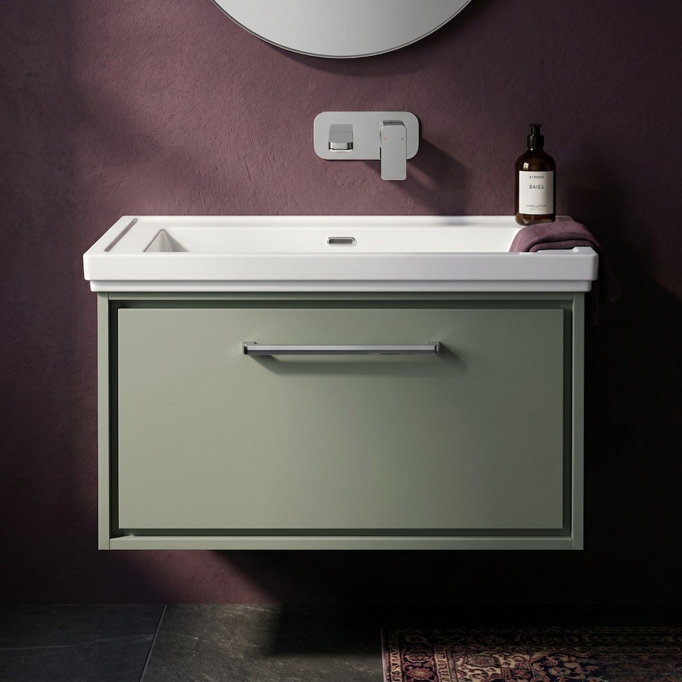 image 1 of Balterley Modern Wall Hung Single Drawer Bathroom Vanity with Fireclay Basin | Green | Reed Green | 498 x 830 x 471mm