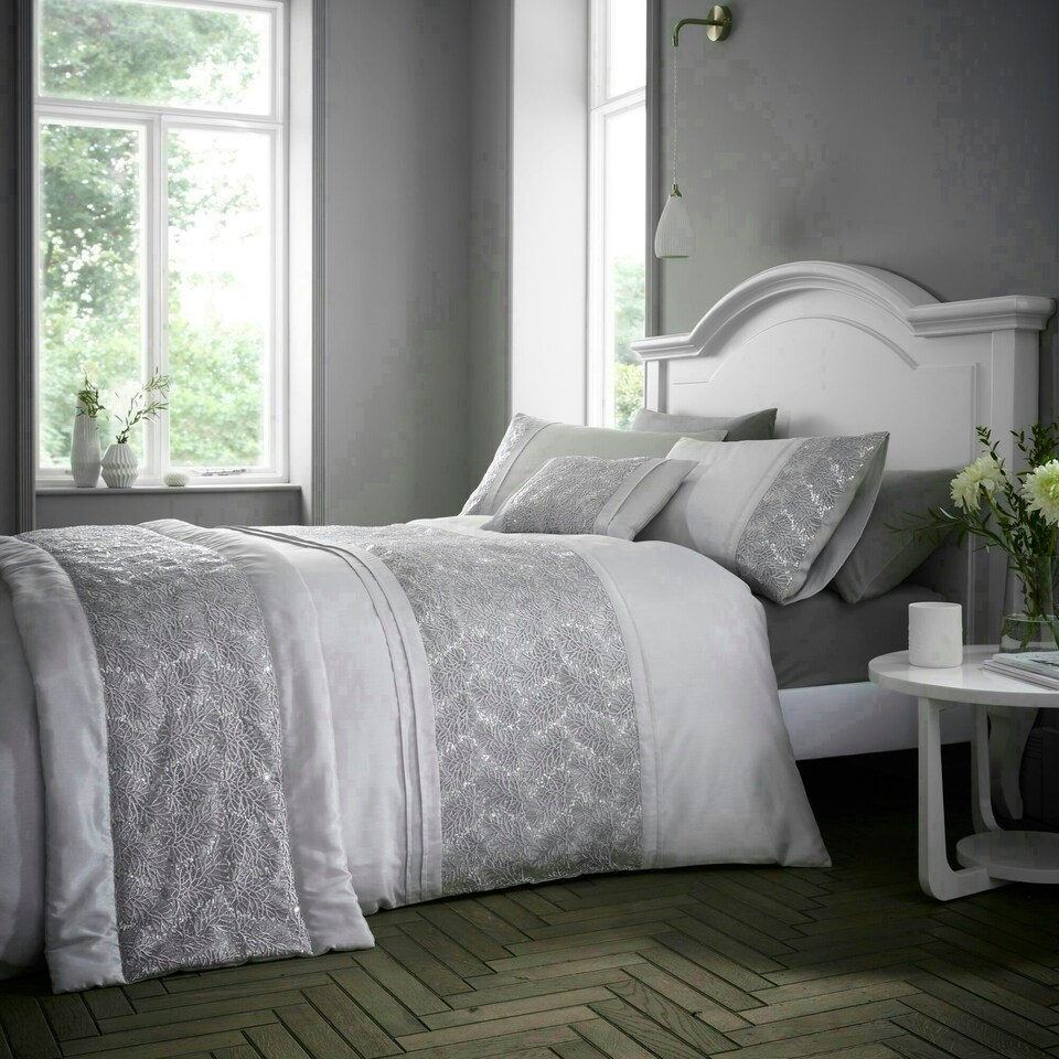 image 1 of Portfolio Home Rouen Embellished Sequins Bedding Duvet Cover Set Silver | Double