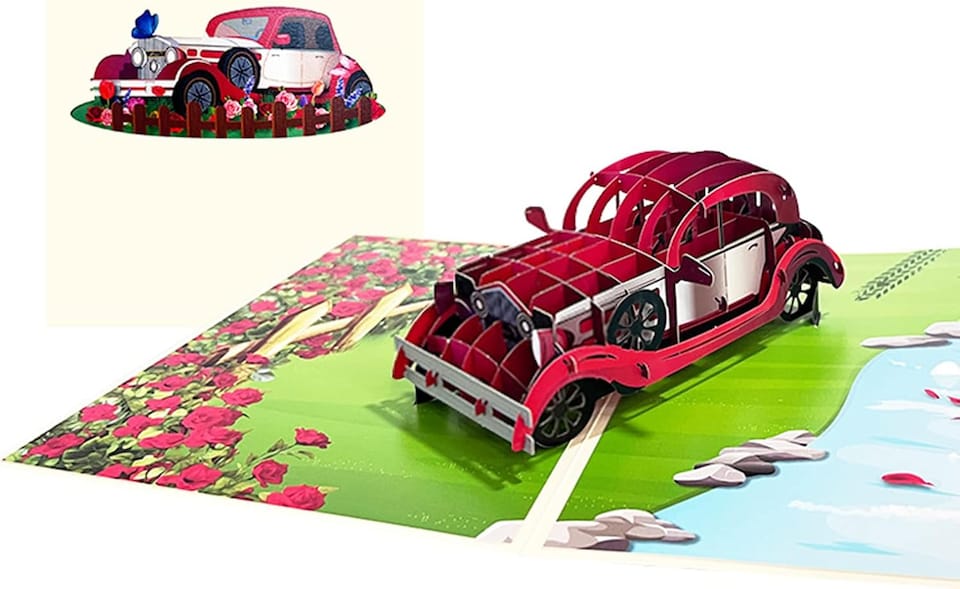 image 1 of Vintage Red Car 3D Pop Up Greeting Card - Birthday Holiday Event