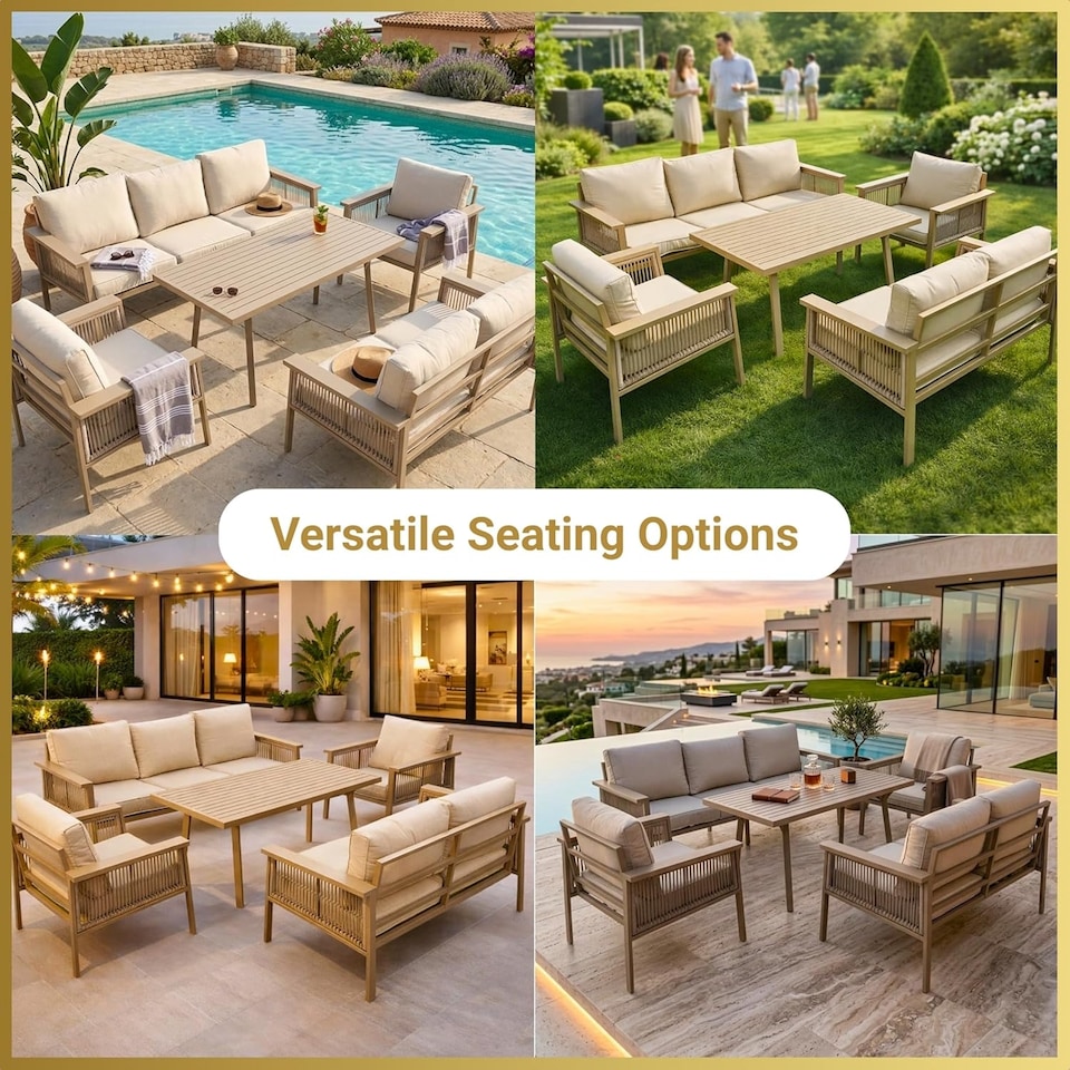 image 1 of Aluminium Garden Furniture Set 7 Seater Beige Outdoor Patio Sofa Set - Poly Rattan Rope Loveseat, Armchairs, Dining Table, Thick Cushions for Lounge Conservatory Balcony Seating