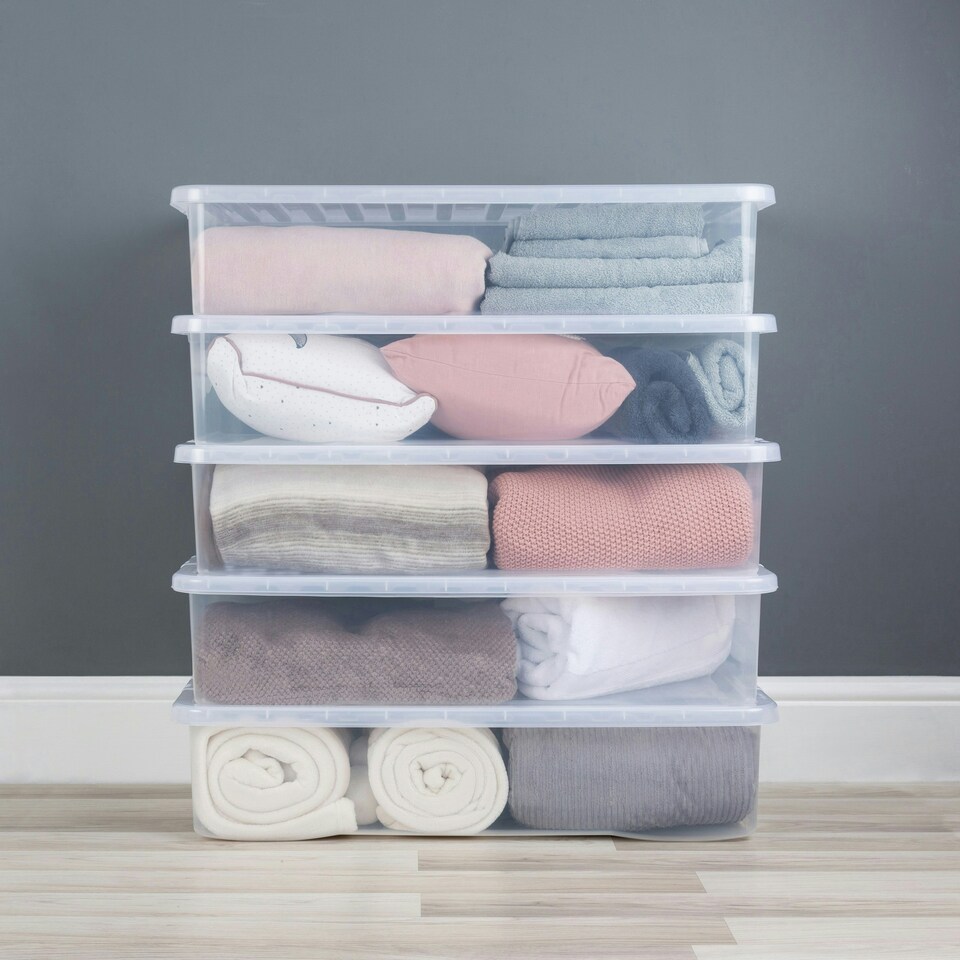 image 1 of Wham Crystal 5 x 42L Stackable Plastic Storage Boxes with Lids Clear Clear