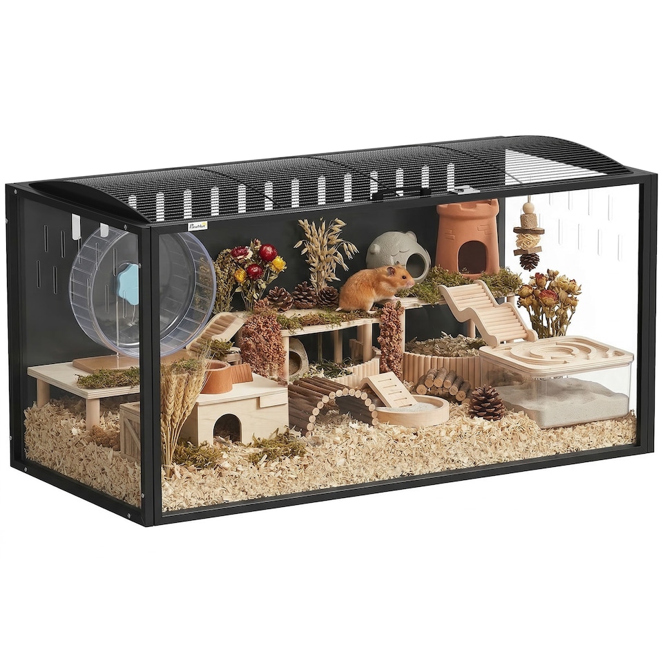 image 1 of PawHut Hamster Cage Steel Acrylic Frame Large Rat Cage with Openable Top
