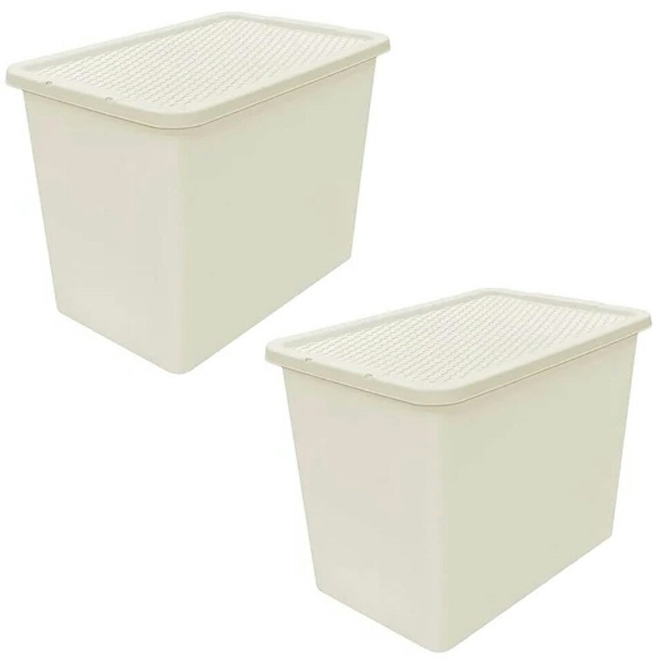 image 1 of 1 x Large Cream Stackable 80 Litre Plastic Rattan Storage Container With Lid Cream