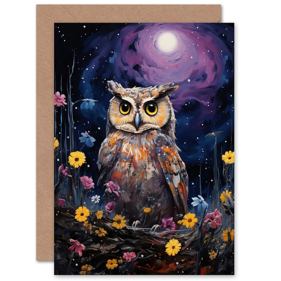 image 1 of Great Horned Owl Lavender Full Moon Thank You Art Card