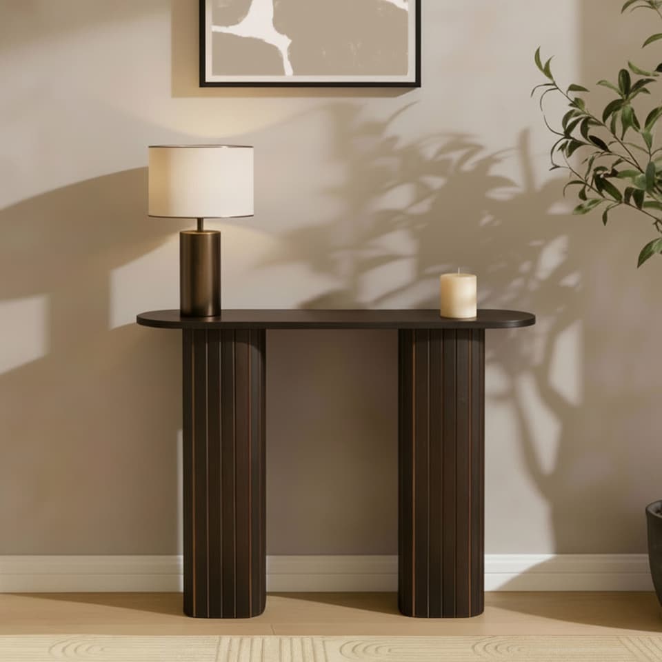 image 1 of OHS Madison Console Table Ribbed Engineered Wood Entryway Display Desk | Brown | Dark Brown