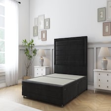Sloomy Ashford Black Plush Divan Bed Base No Drawers With 26 Inch Strutted Headboard & 12 Inch Matching Footboard | Black | Black | Small Single | 1
