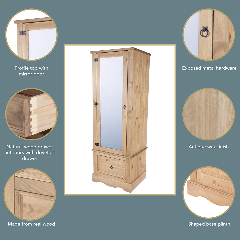 image 1 of Corona Armoire with Mirrored Door and Drawer - Solid Wood Wardrobe with Hanging Rail and Storage | Brown | Brown | One Size | 1