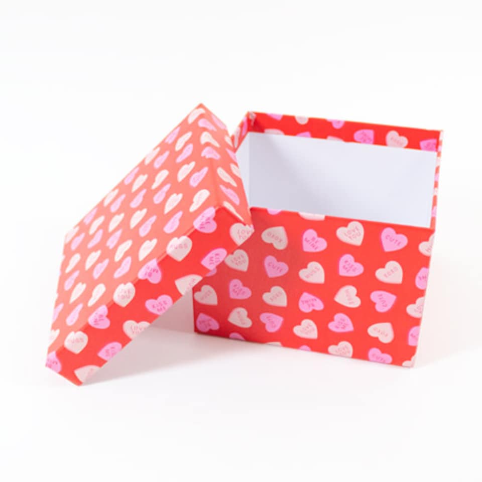 image 1 of Red with Sweet Phrases Love Hearts Valentine's Square Gift Box 16cm
