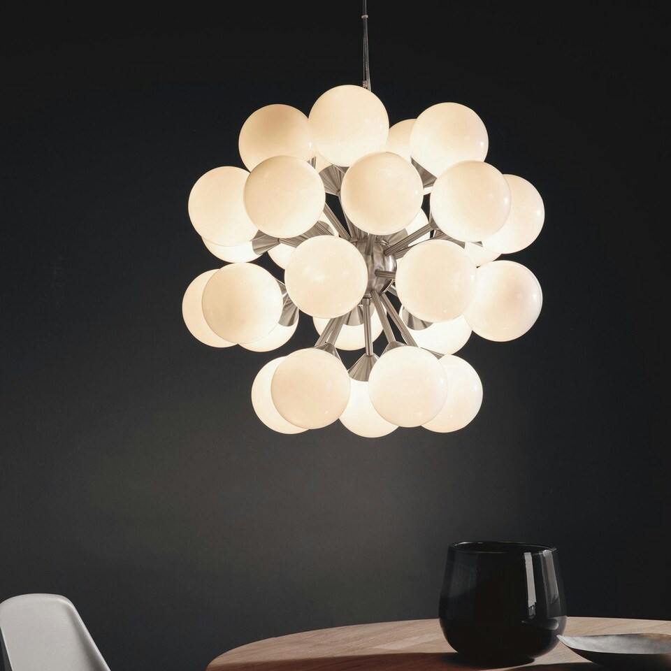 image 1 of Oscar Globe Pendant Satin Nickel Effect Plate & Gloss White Glass 28 Light Dimmable IP20 - G9