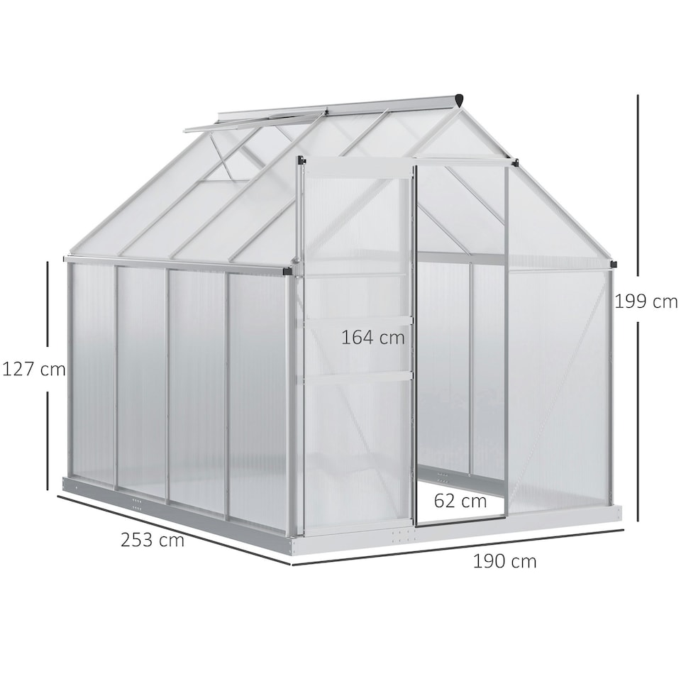 image 1 of Outsunny Polycarbonate Walk-in Garden Greenhouse w/ Sliding Door Silver Tone