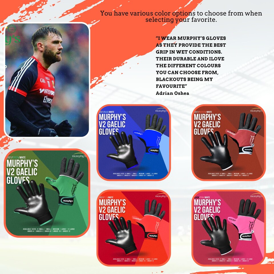image 1 of Murphys V2 Gaelic Football Adult's Gloves, Premium Latex Field Players Mittens, Durable Hook And Loop Closure, Grey And Green, 8, Small