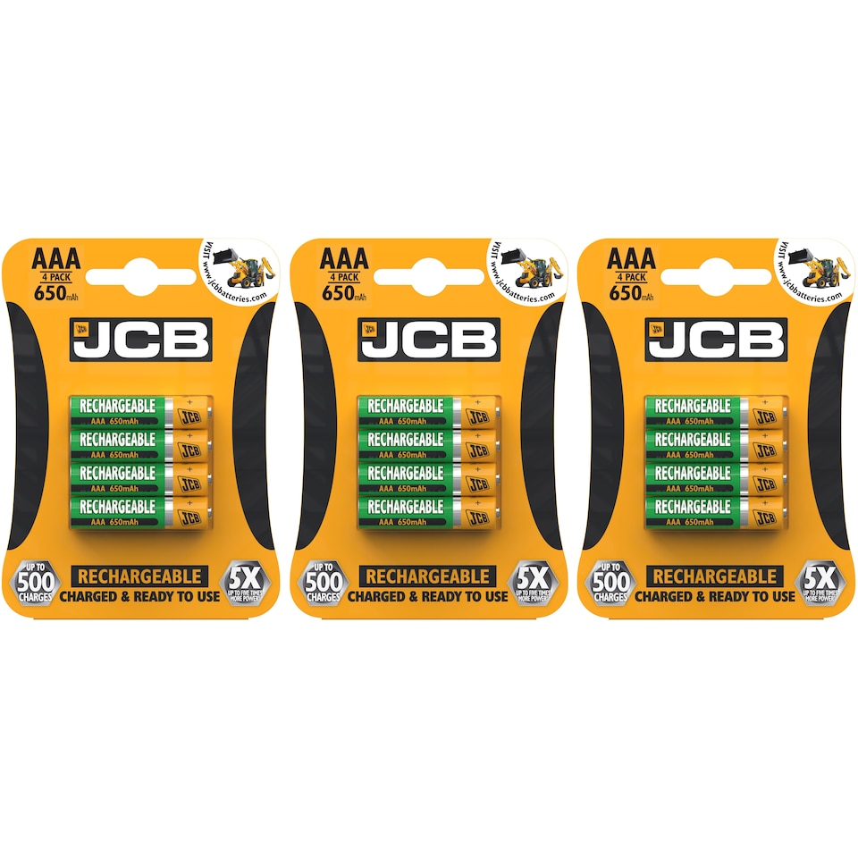 JCB AAA 650mAh Rechargeable Batteries - Pack of 12 | Green | AAA | 12