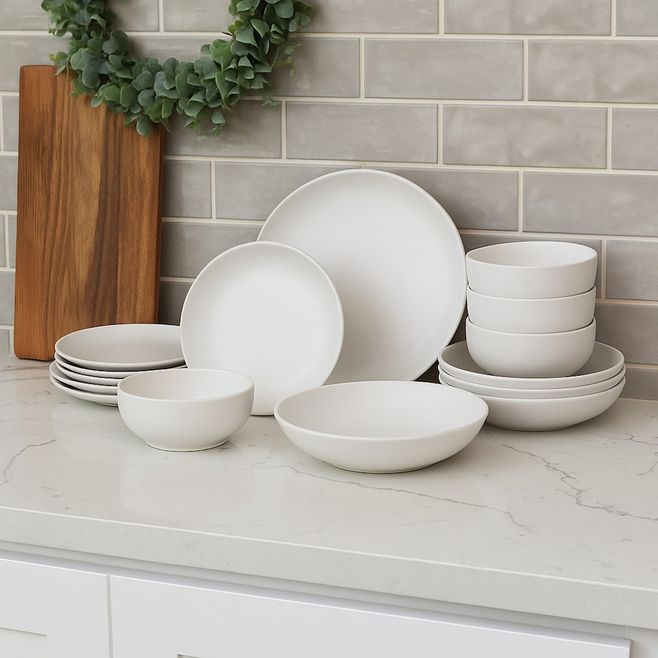 image 1 of Coloured Stone Ceramic Dinnerware Crockery Plates Bowls Dining Set | White | 16 Pcs White | 16