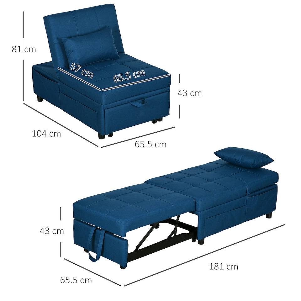 image 1 of HOMCOM Folding Sofa Bed Adjustable Single Sleeper w/ Pillow Side Pocket, Blue