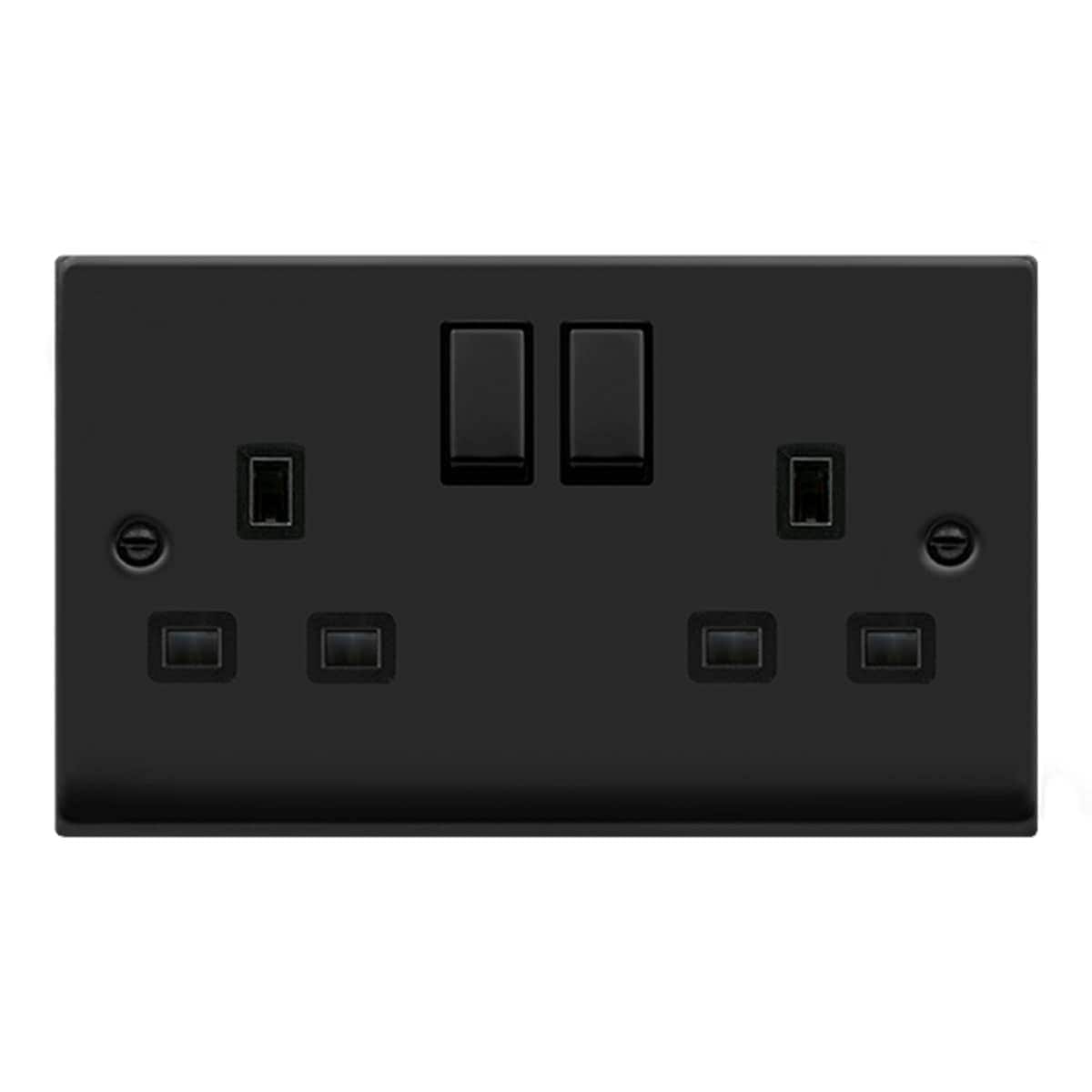 SE HOME Matt Black 2 Gang 13A DP Ingot Twin Double Switched Plug Socket Black Matt Black