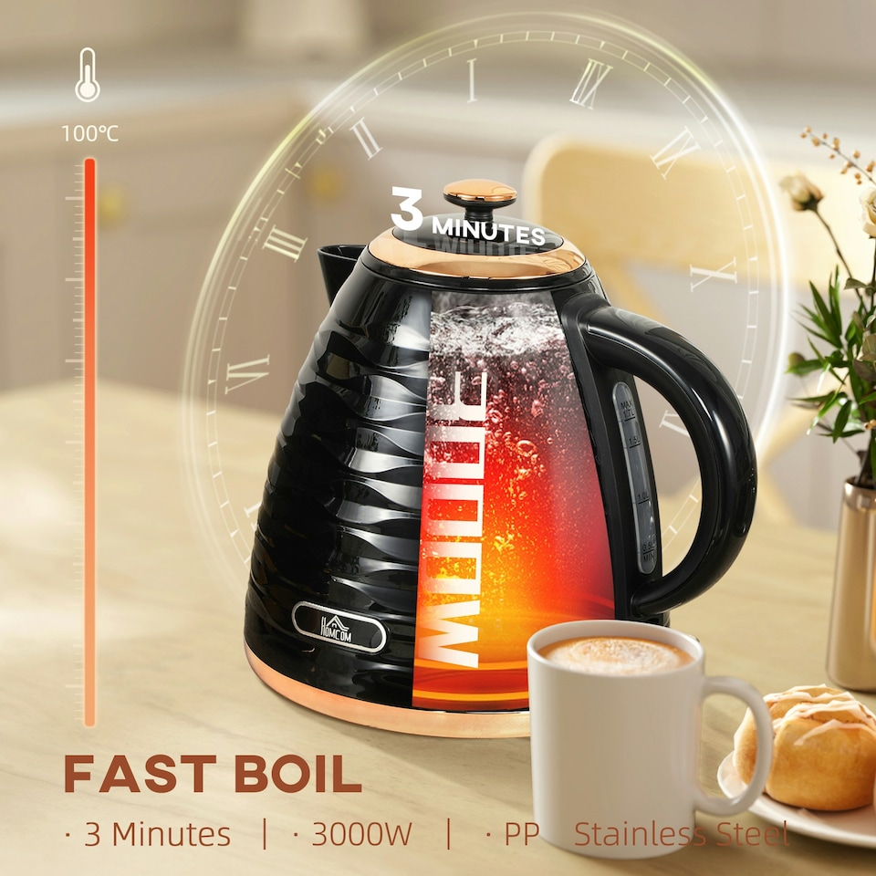 image 1 of HOMCOM Electric Kettle, Fast Boil, 1.7L, 3kW, Swivel, Black Ripple