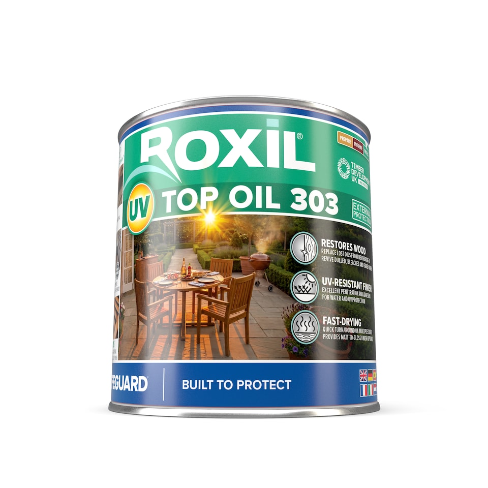 Roxil UV Top Oil 303 (1l, Clear Matt-to-Gloss Finish) UV Resistant Outdoor Wood Oil for Furniture, Decking, Sheds & Planters