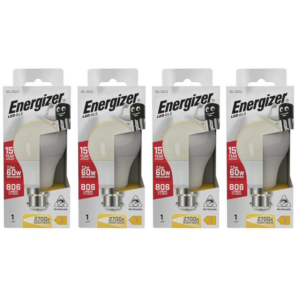 image 1 of Energizer LED GLS B22 806lm 7.3W 3000K (Warm White) Light Bulb - Pack of 4