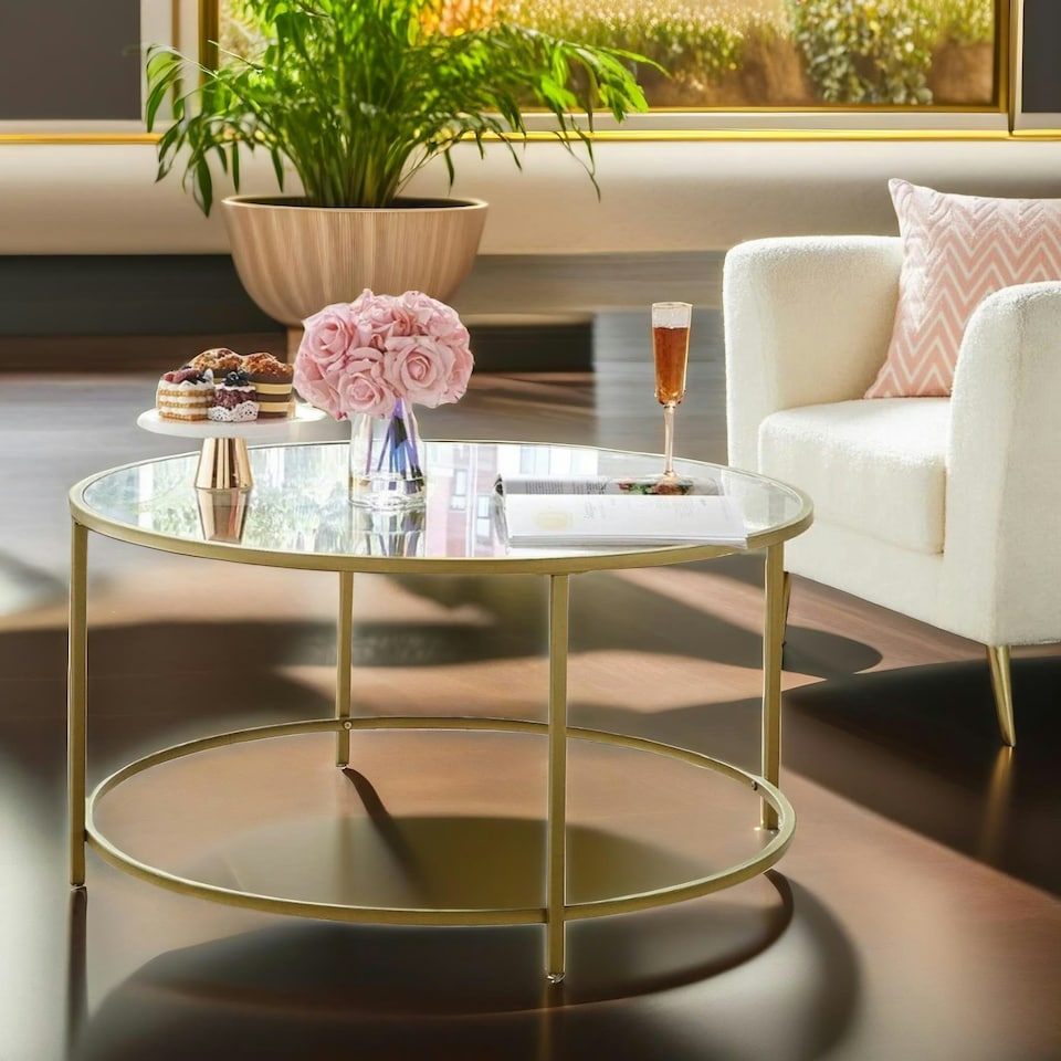 image 1 of Industrial Tempered Glass Round Coffee Table Gold Gold