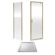 Ruwa Pivot Suite & 6mm Glass 800x800mm Tray, Door & Side Panel Brass | Copper | Brushed Brass | 3
