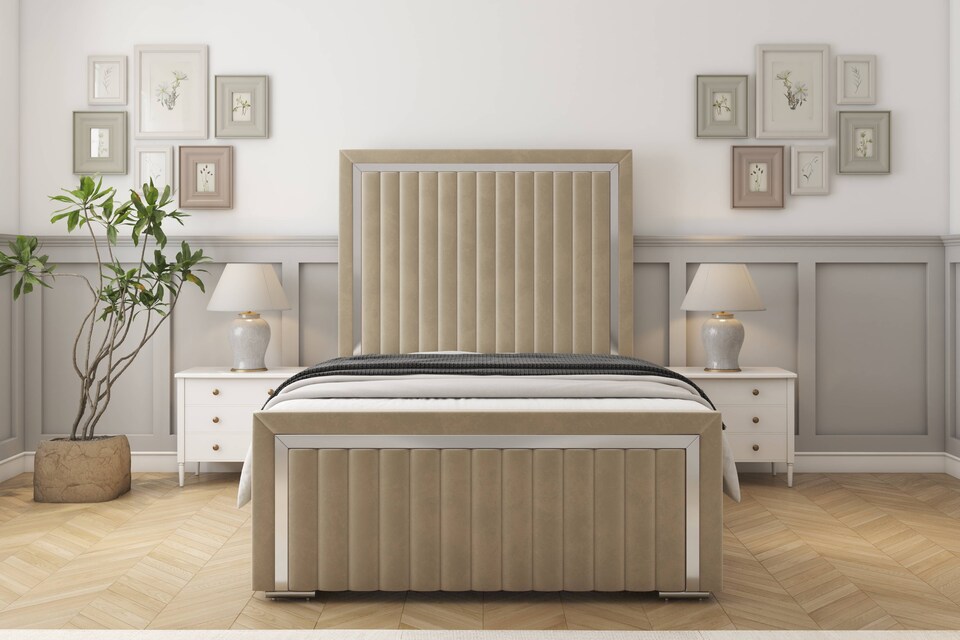 image 1 of Sloomy Boston Chrome Almond Coniston Bed Frame With Mattress With 50" Upholstered Headboard 4'6 Double