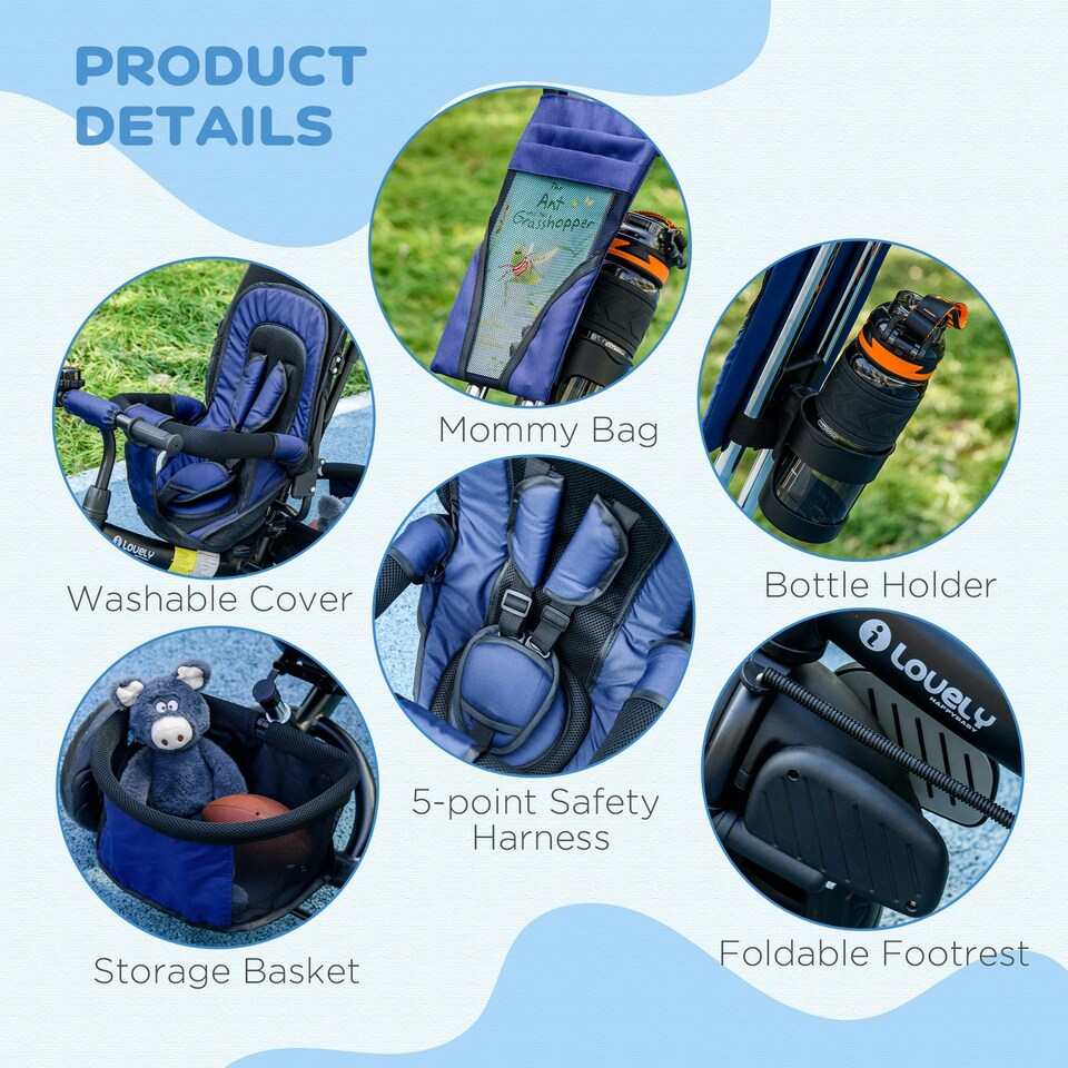 image 1 of HOMCOM 6 in 1 Kids Trike, Stroller with Parent Handle, Blue