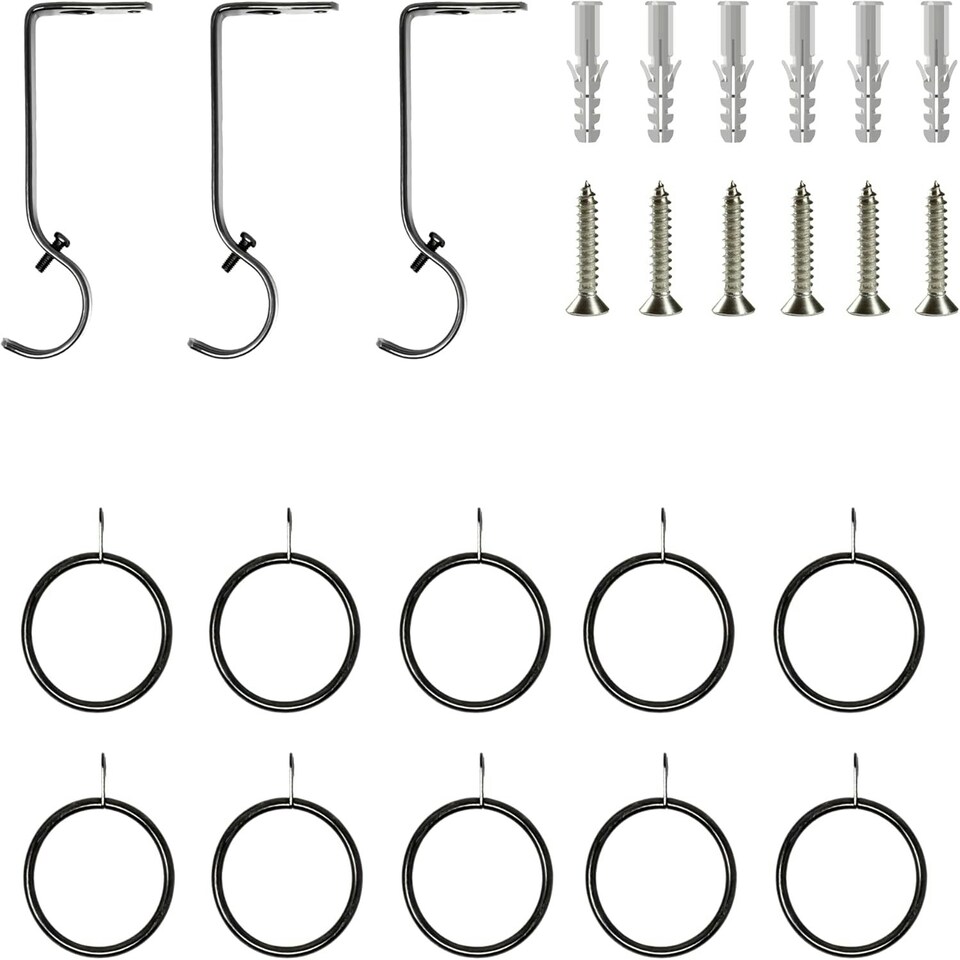 image 1 of Extendable Curtain Pole Flat Curtain Rail Pole Set Includes Rings, Finials, Brackets & Fittings - Black Nickel - 440cm to 218 cm (15" to 86")