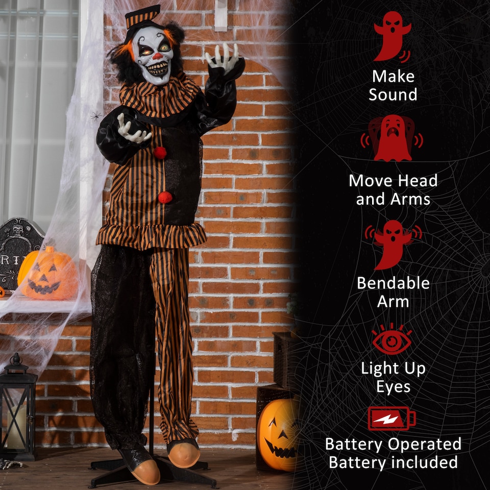 image 1 of Outsunny 67 Inch Life Size Outdoor Halloween Decorations Talking Circus Clown, Animated Prop Animatronic Decor with Light Up Eyes, Laughter