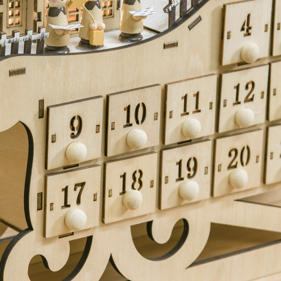 image 1 of HOMCOM Christmas Advent Calendar Light Up Sleigh w/ Countdown Drawer, Village