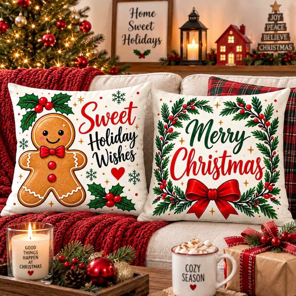 image 1 of Covers&All Christmas Decorative Square Throw Pillow Set of 2 with Inserts & Covers Accent Pillows for Sofa, Couch & Home Décor, Square 16 in x 16 in
