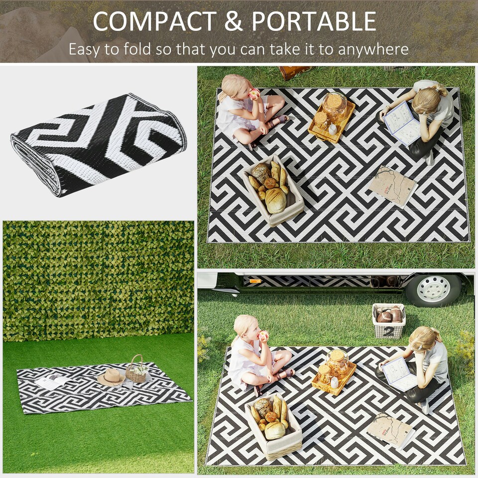 image 1 of Outsunny Reversible Outdoor Rug Plastic Straw RV Camping Mat for Garden Deck Picnic Black | Black and White