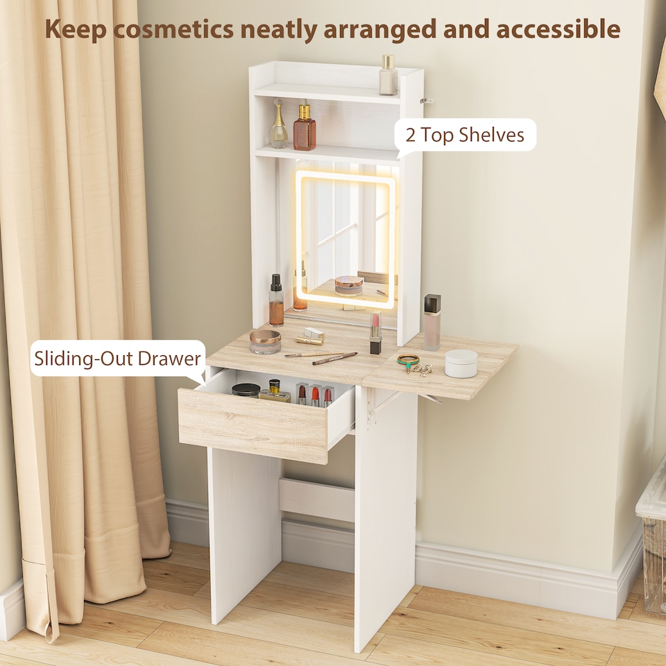 image 1 of HOMCOM Compact Dressing Table with Lighted Mirror Open Shelves Drawer | White