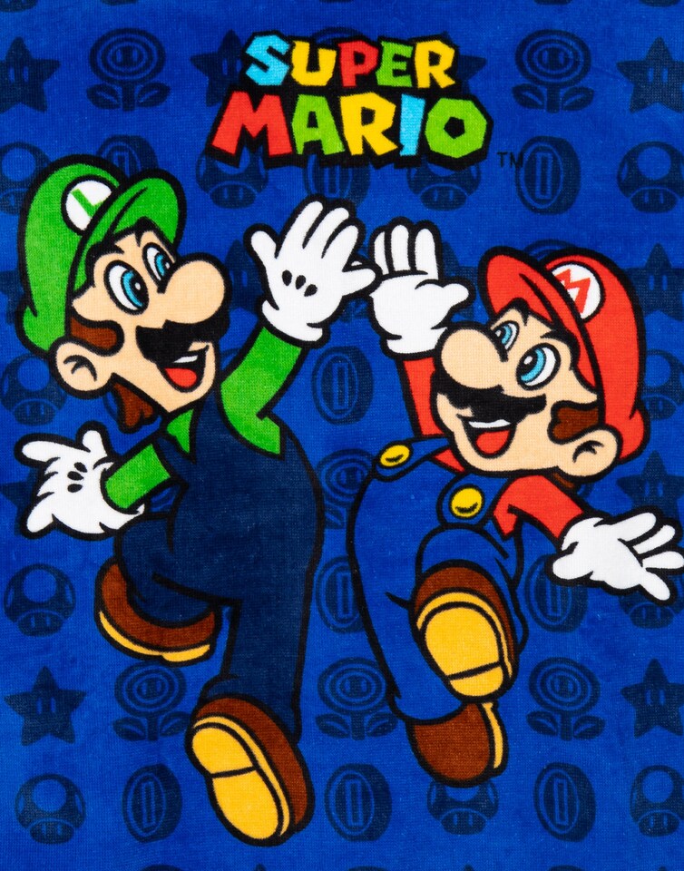 image 1 of Super Mario Kids Towel Poncho | Blue Mario Brothers Game Hooded Bath Towel For Boys | Luigi & Mario With Graphic All Over Print Beach Robe | Cosy Bathing Merchandise Gift for Children & Teens