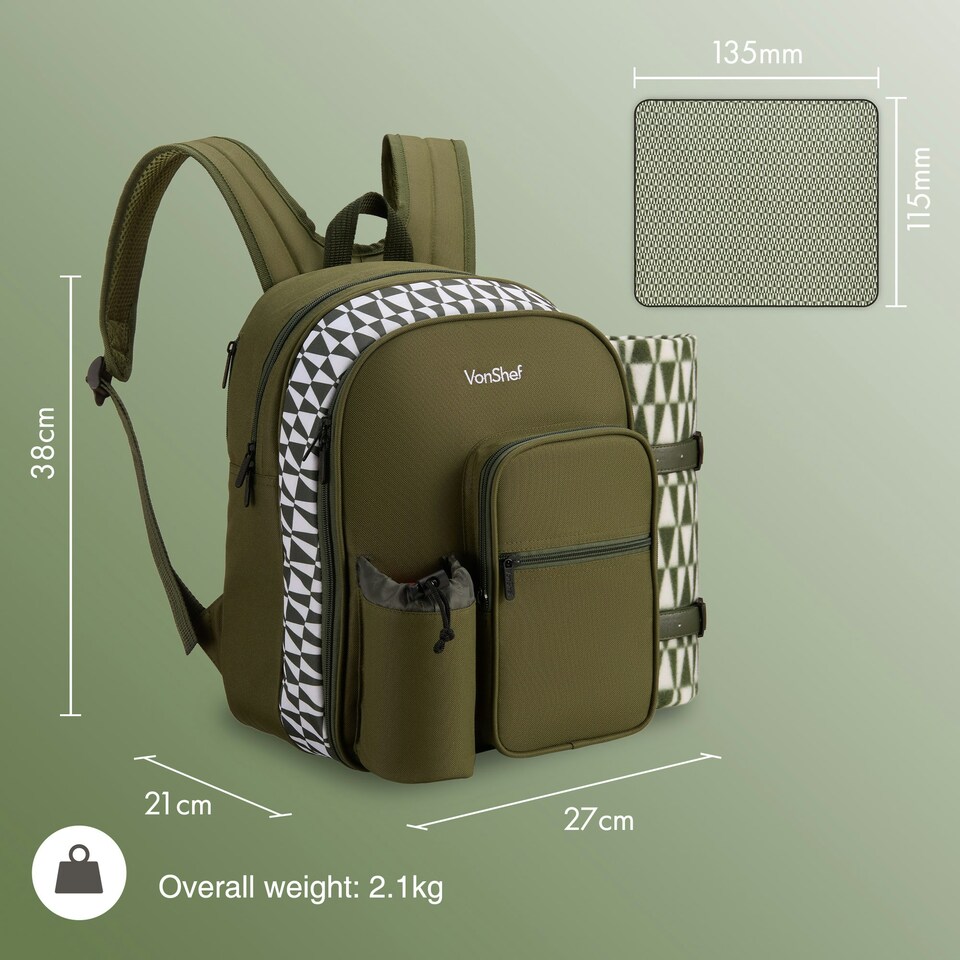 image 1 of VonShef Picnic Backpack, 2 Person Green Geo Insulated Picnic Bag with Dining Set
