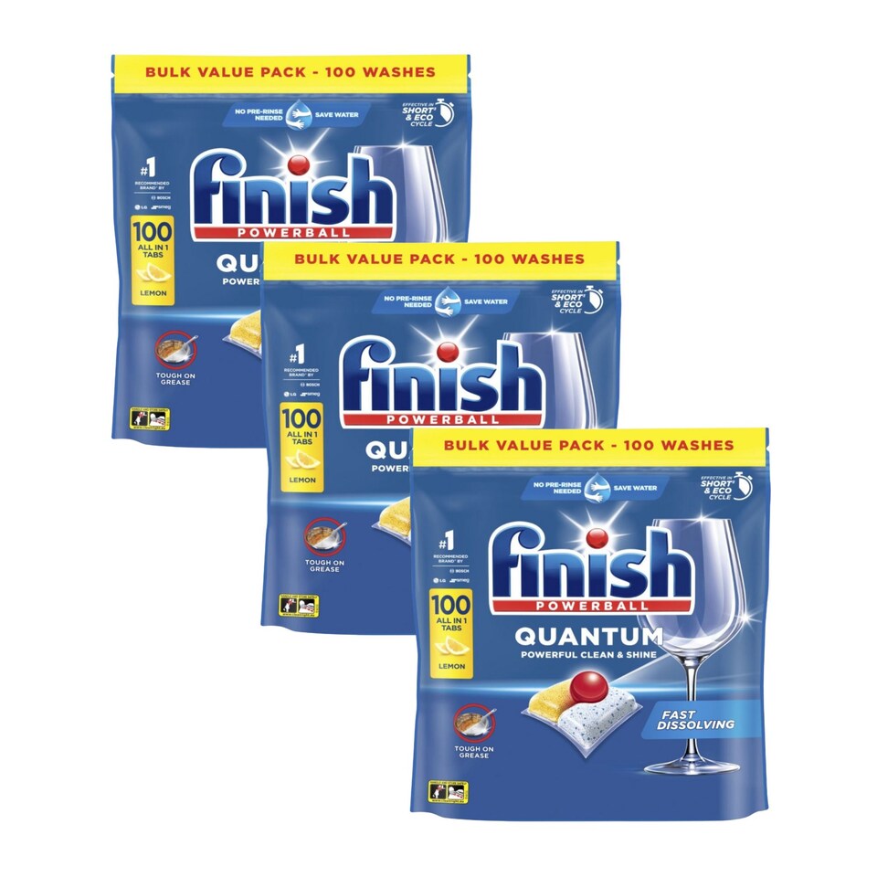image 1 of Finish Quantum All in 1 Dishwasher Tablets Lemon Sparkle 100's x3