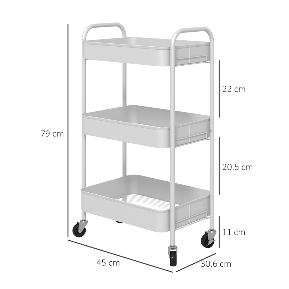 image 1 of HOMCOM 3 Tier Rolling Utility Cart with 3 Mesh Basket, White