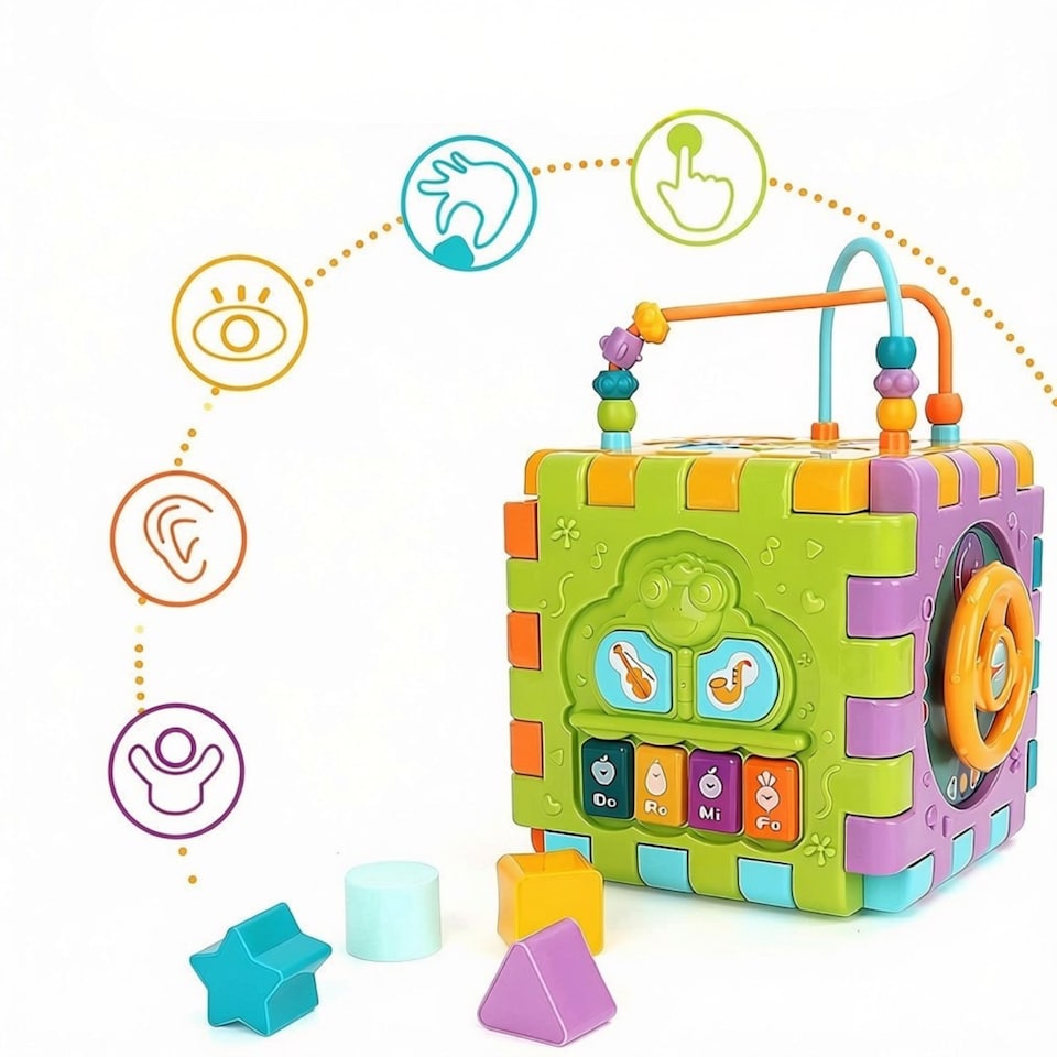 image 1 of 6-in-1 Educational Baby Activity Cube with Music, Lights, Piano, Shape Sorter, Steering Wheel & Phone - Montessori Learning Toy for Babies 6-12 Months & Toddlers 1-3 Years - Sensory Development Gift