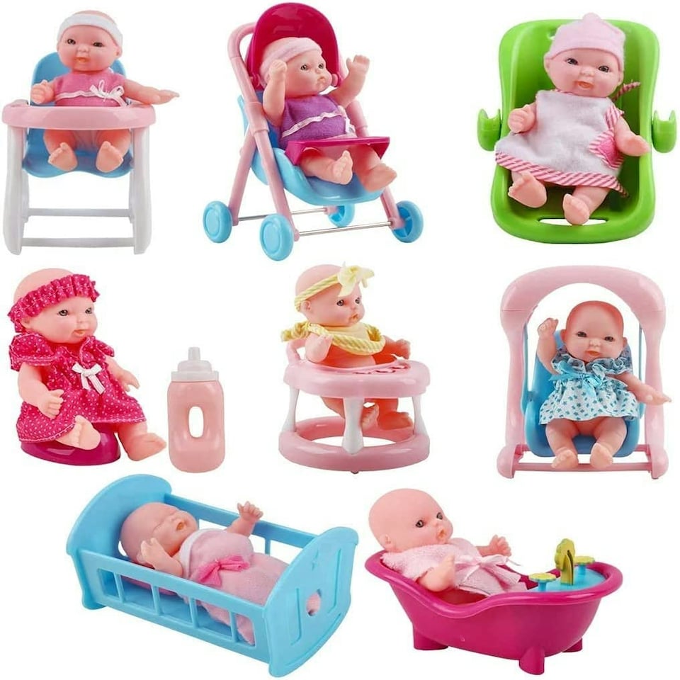 image 1 of Set of 8 Mini 5" Baby Dolls with Accessories – Miniature Role Play Doll Collection for Kids