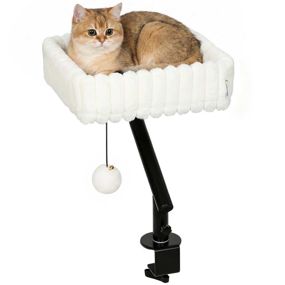 image 1 of PawHut Cat Desk Bed, 360° Rotatable Raised Cat House w/ Hanging Ball, White