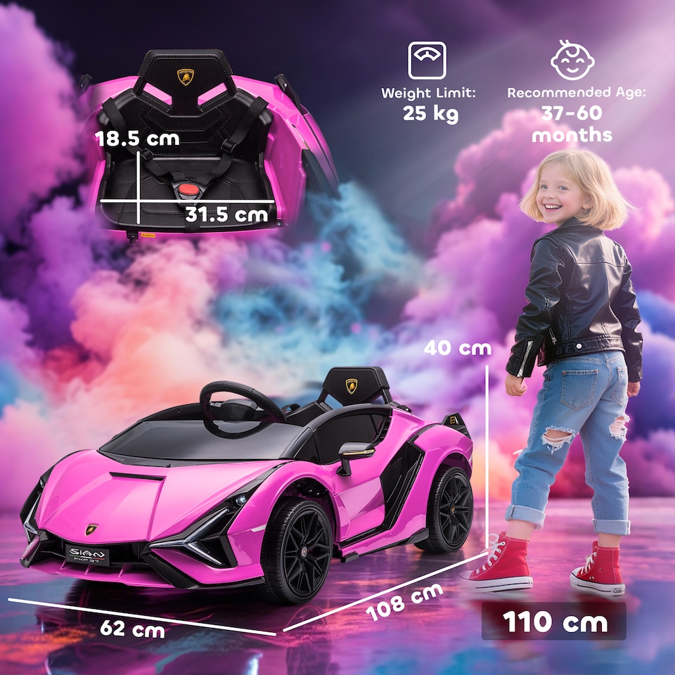 image 1 of HOMCOM Lamborghini Sian Licensed 12V Electric Car for Kids 2 Motors Toy Car with Remote Control Music Lights MP3 for 3-5 Years Pink