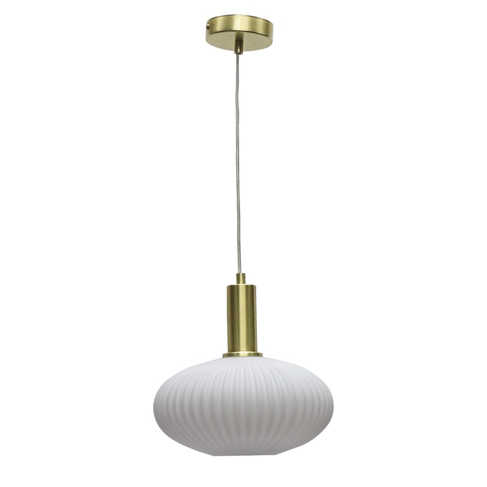 First Choice Lighting Baton - White Ribbed Oval Glass Satin Brass Deco Pendant Fitting