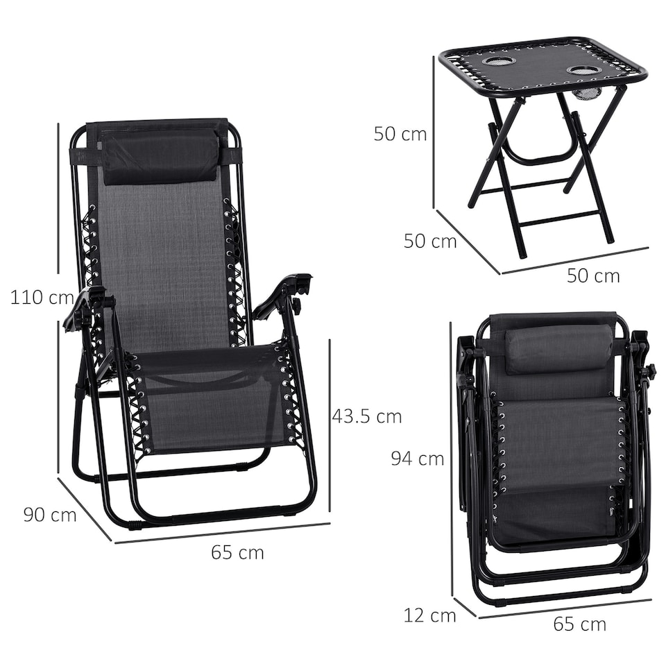 image 1 of Outsunny 3PC Zero Gravity Chairs Sun Lounger Table Set Black