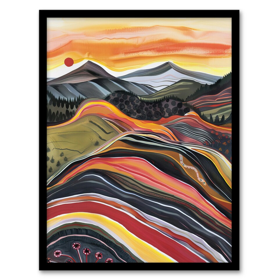 image 1 of Cairngorms Mountains Scottish Sunset Folk Art Black Framed Wall Art Print A4