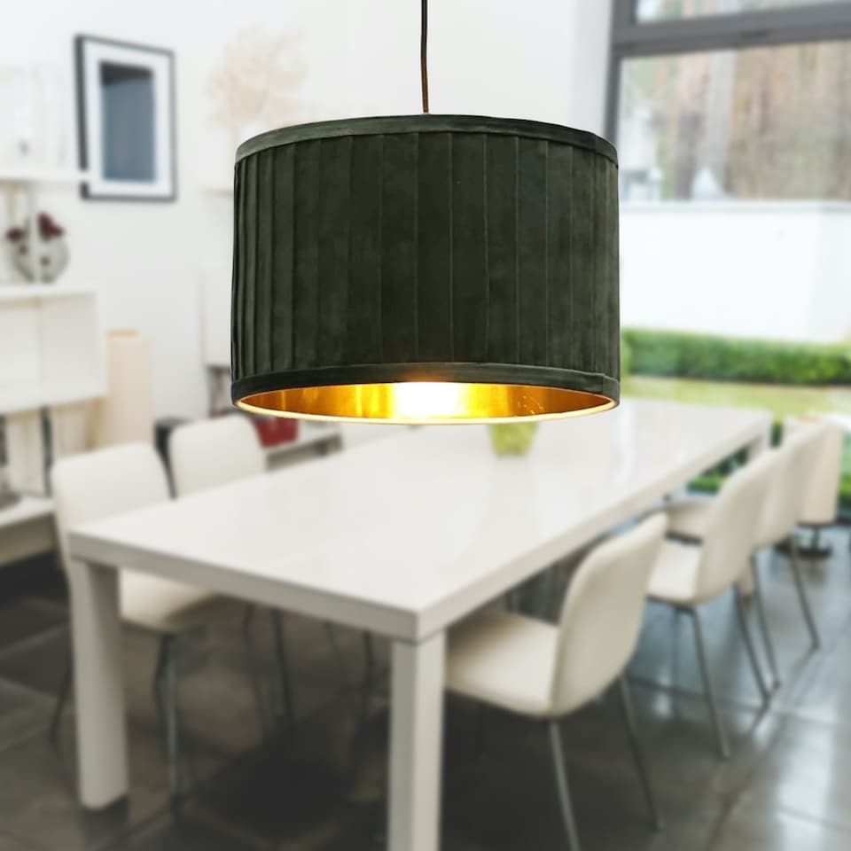 image 1 of Sundance - Dark Green Velvet Pleated 30cm Lamp Shade with Gold Inner | Green | Gold | Large | 1