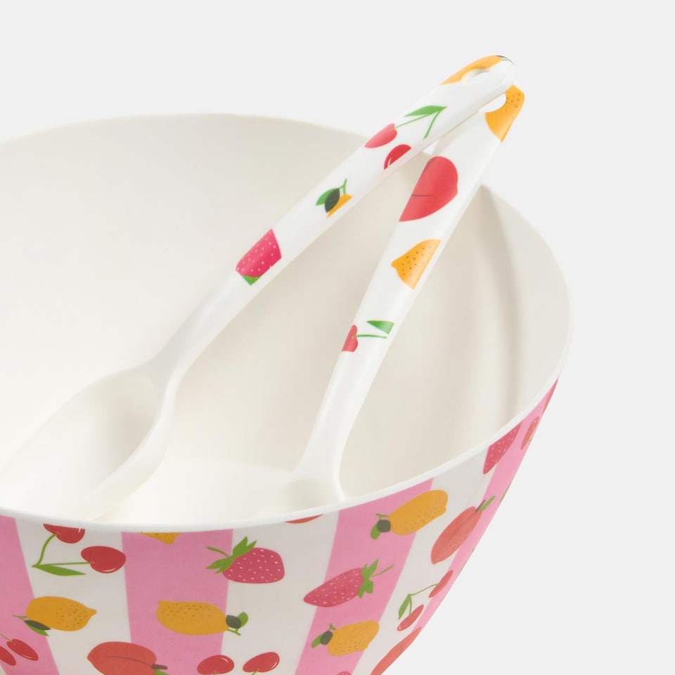 image 1 of OHS Summer Print Plastic Picnic Salad Bowl Utensil Set Lightweight | Pink | Bright Fruits